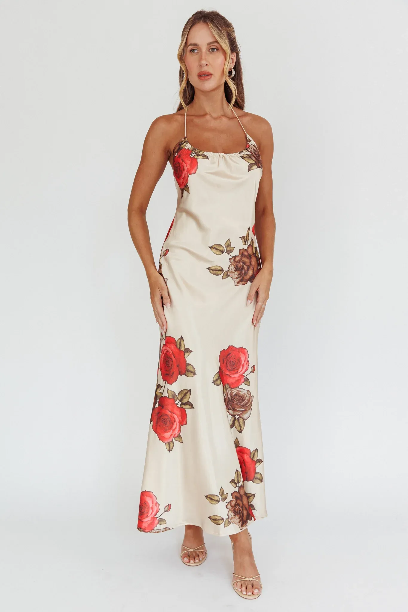 Aspen Spring Lace-Up Back Maxi Dress Floral Beige