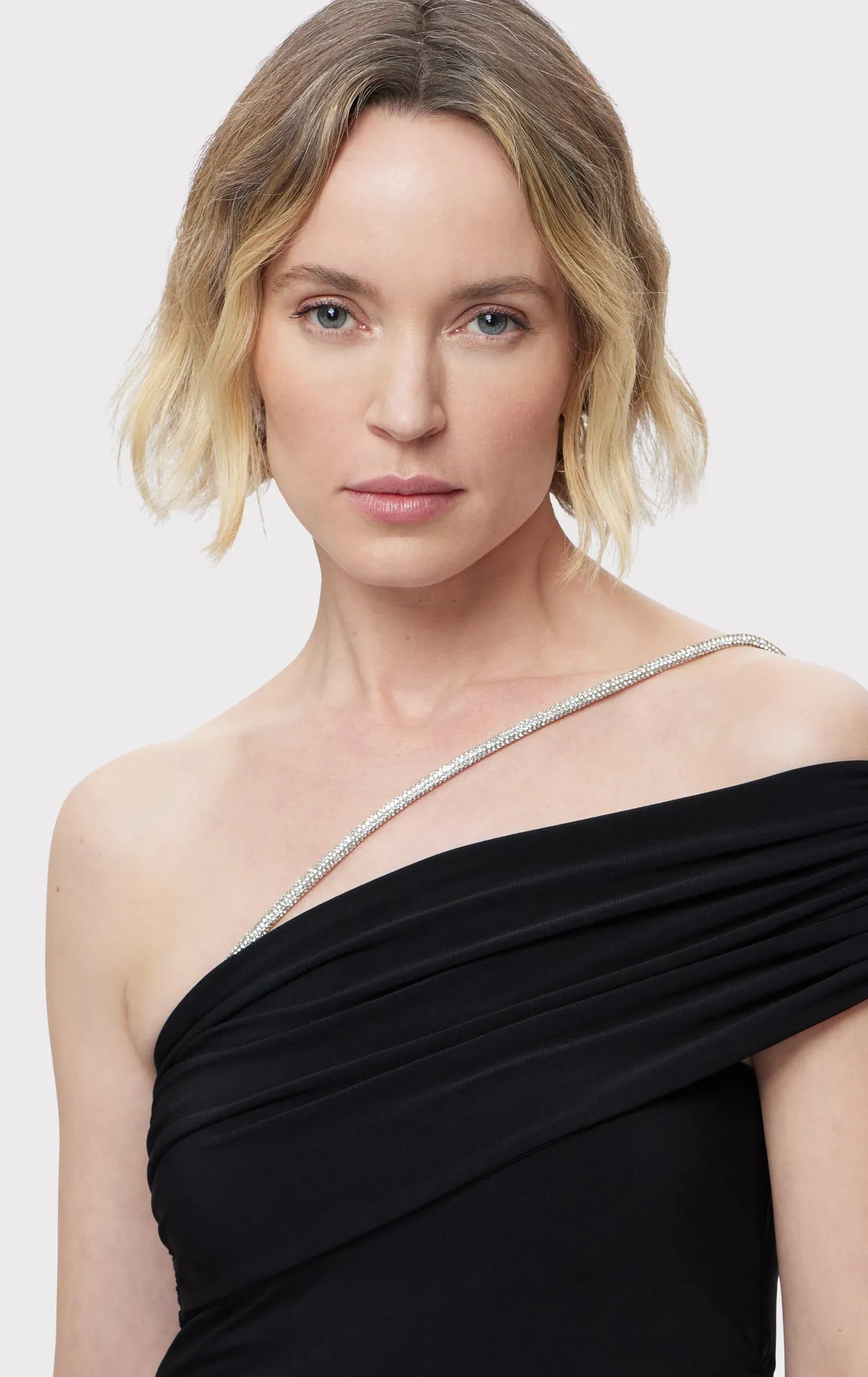 ASYMMETRICAL JERSEY GOWN W/ CRYSTAL TRIM
