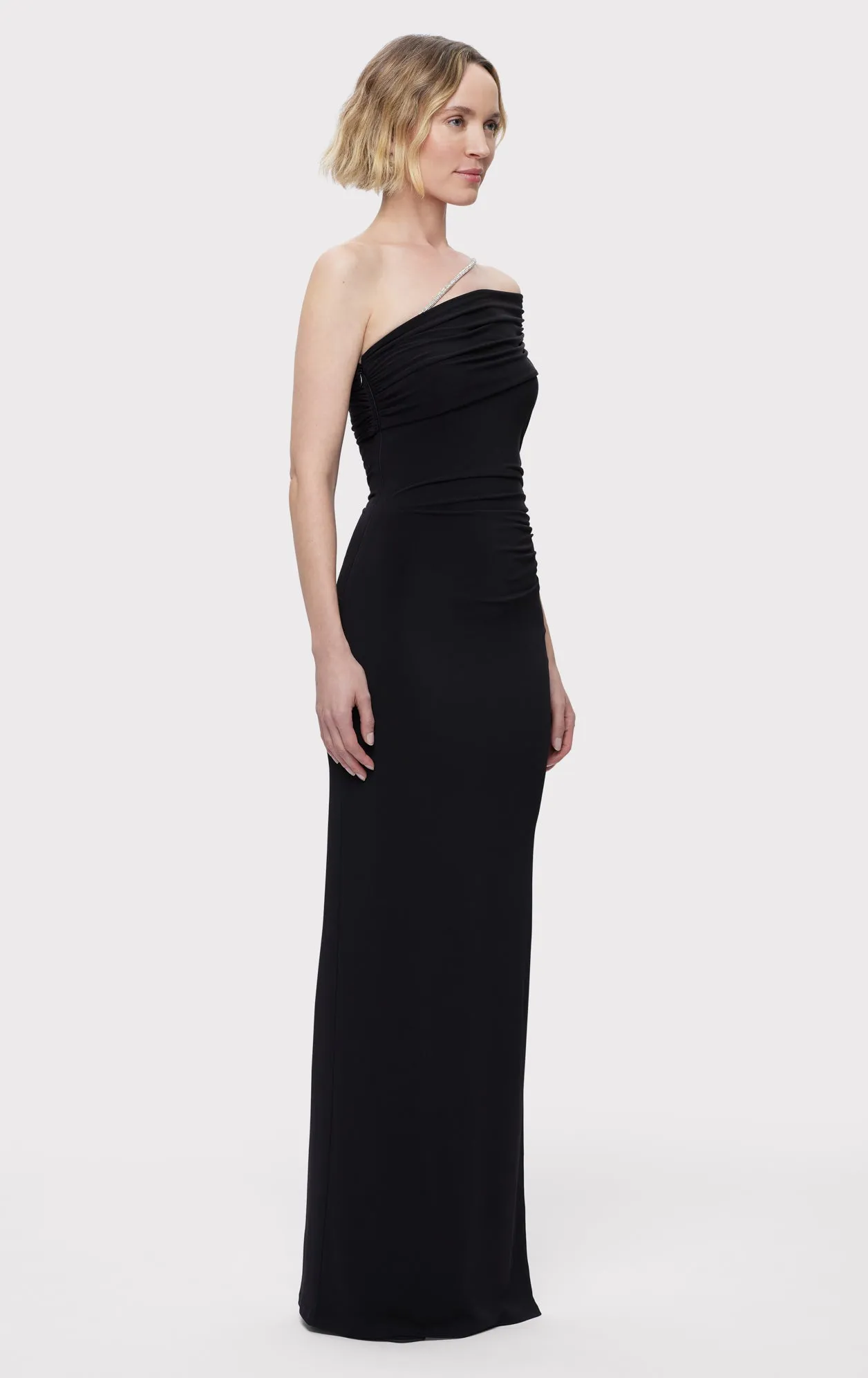 ASYMMETRICAL JERSEY GOWN W/ CRYSTAL TRIM