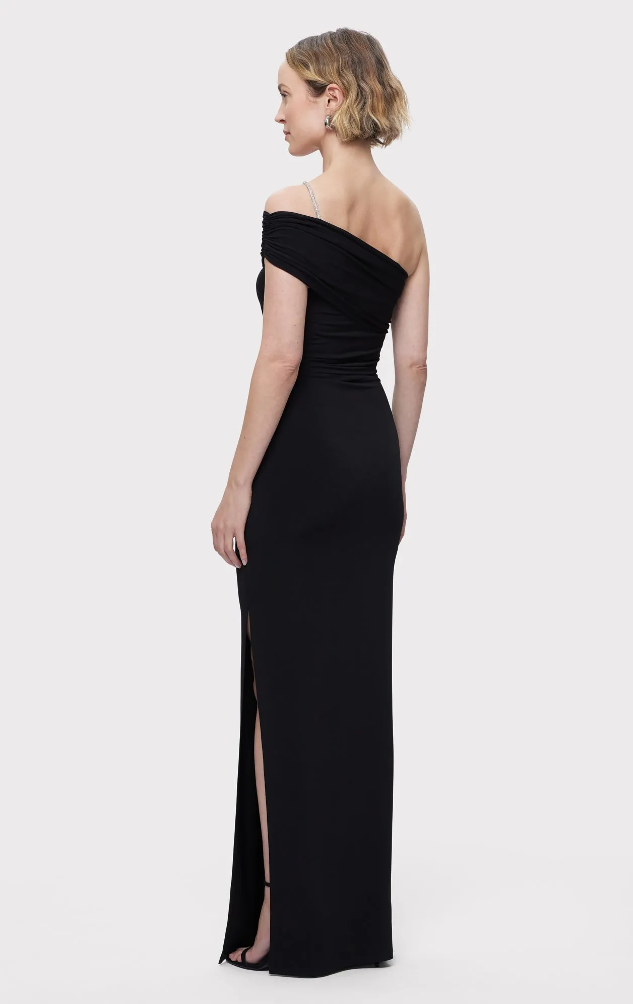 ASYMMETRICAL JERSEY GOWN W/ CRYSTAL TRIM