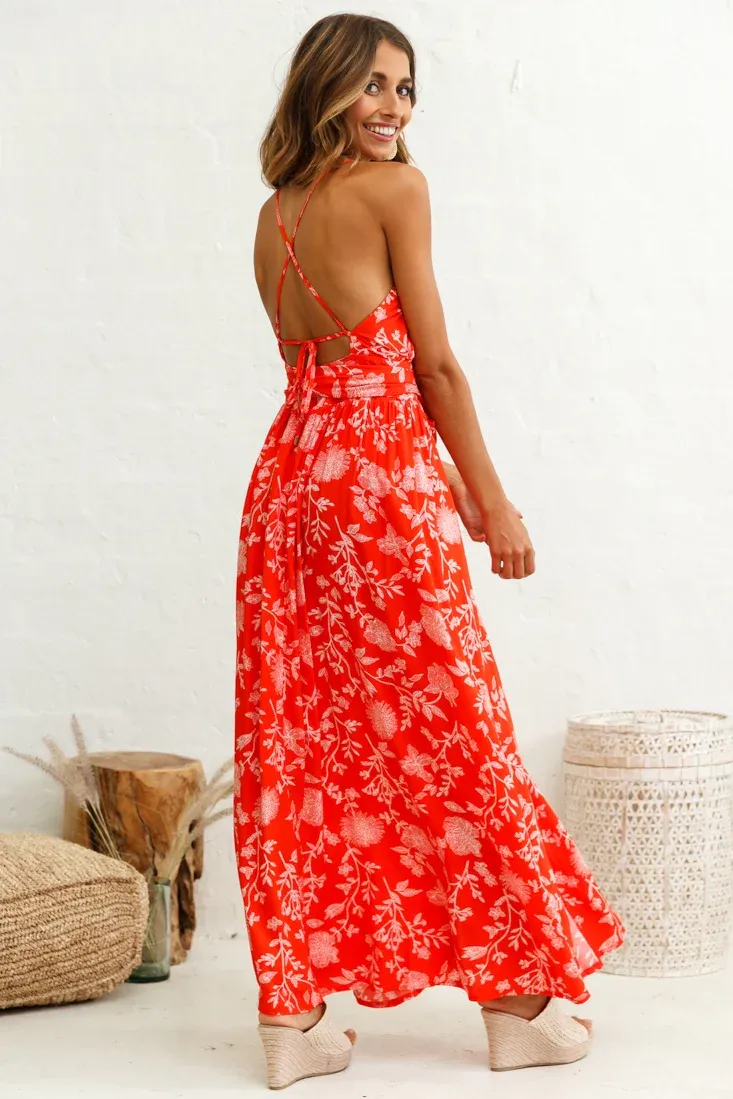 Athena High Split Maxi Dress Floral Print Red