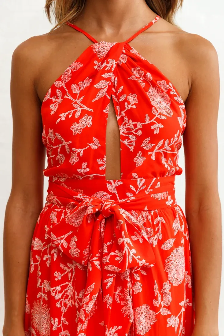 Athena High Split Maxi Dress Floral Print Red