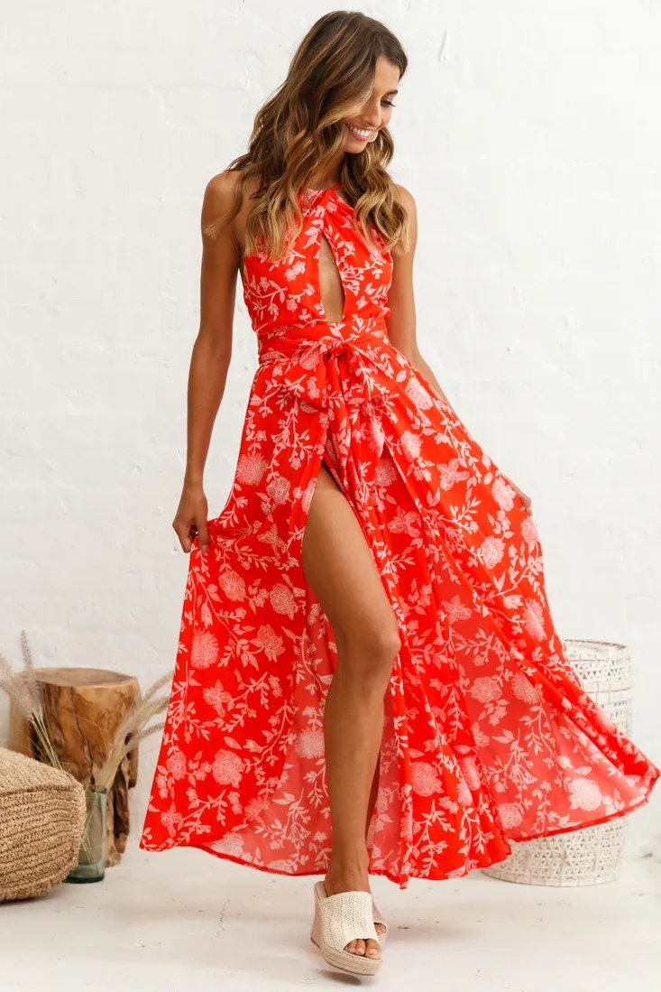 Athena High Split Maxi Dress Floral Print Red