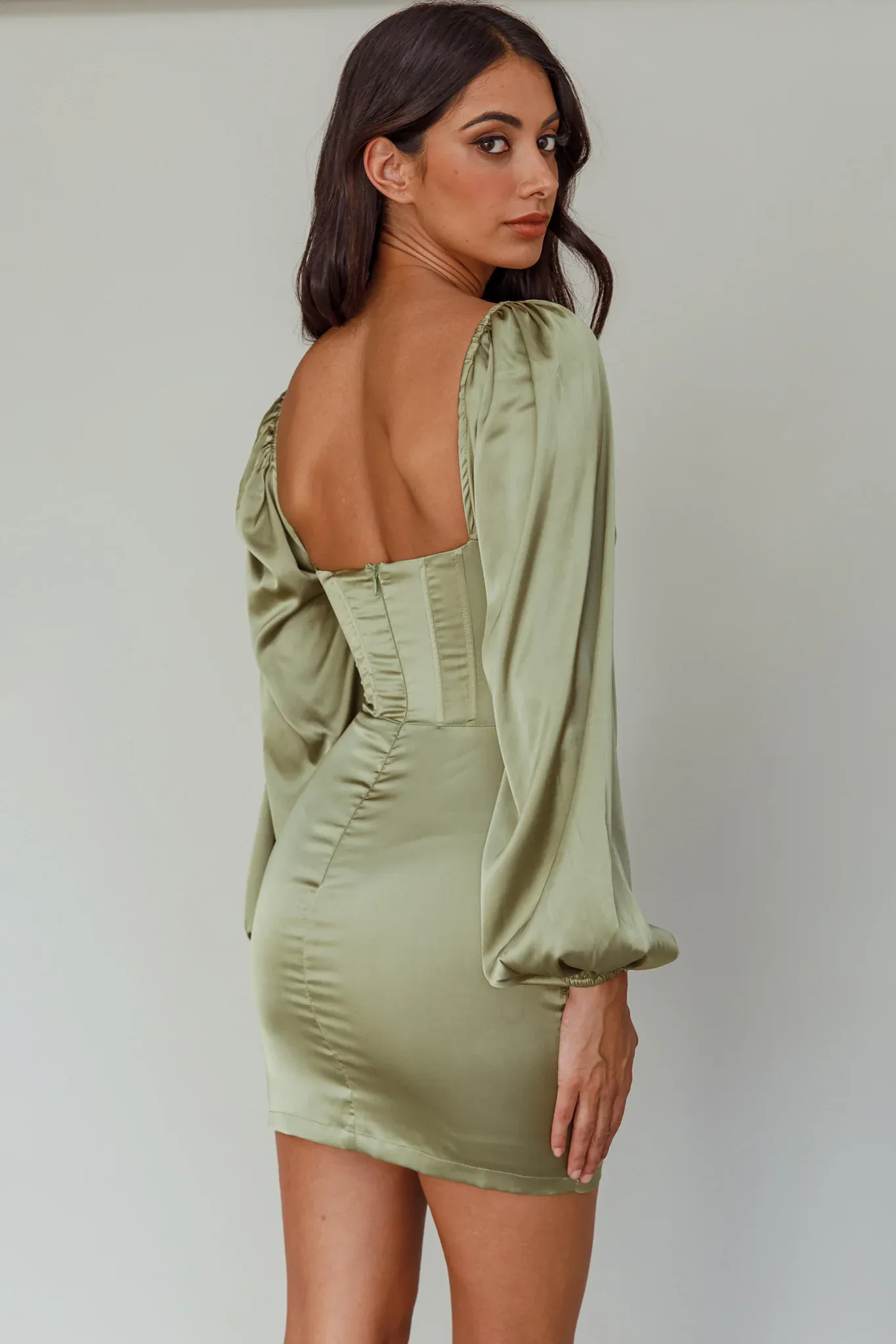 Au Revoir Long Sleeve Satin Mini Dress Sage