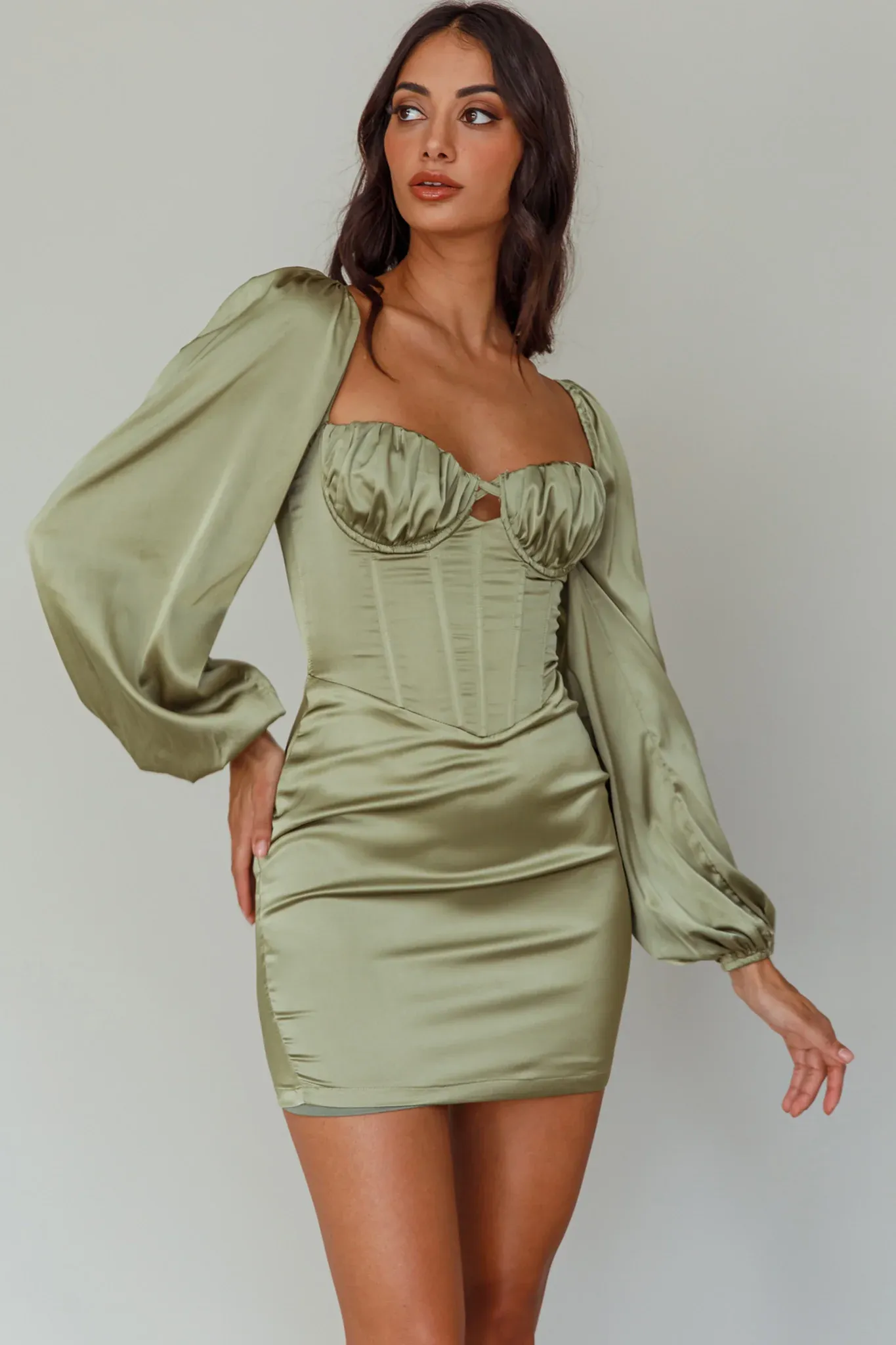 Au Revoir Long Sleeve Satin Mini Dress Sage