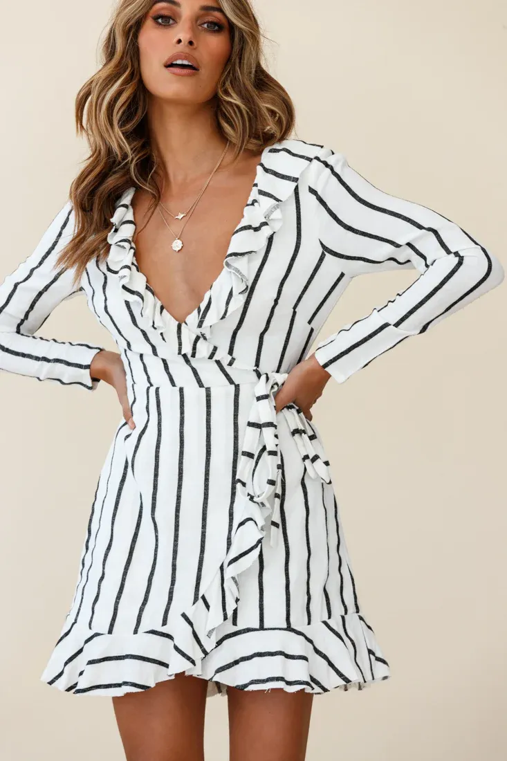Beatrice Faux Wrap Ruffle Trim Raw Edge Dress White/Black Stripe