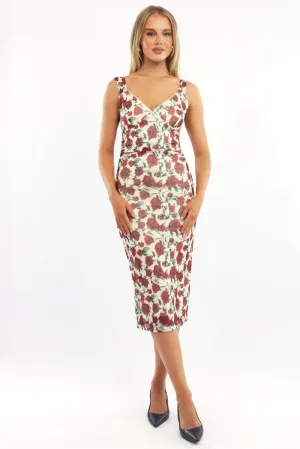 Beige Floral Bodycon Dress Mesh