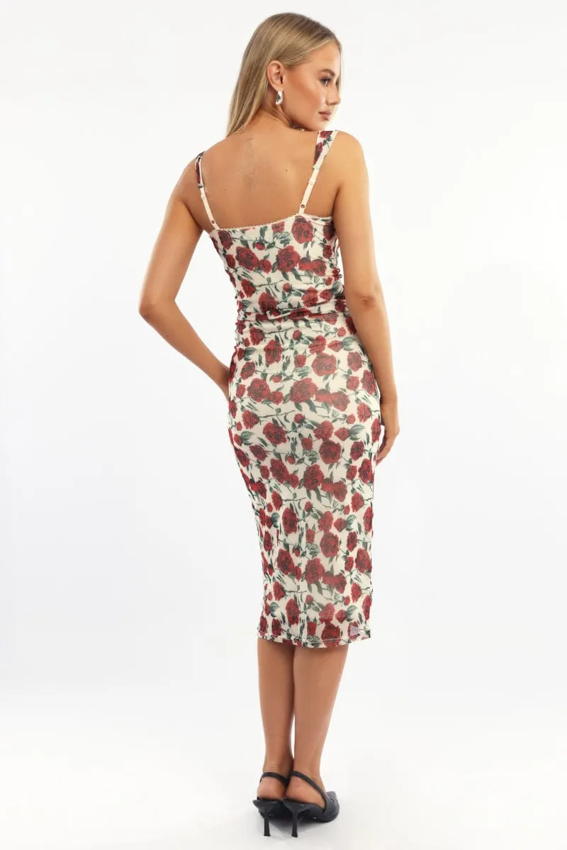 Beige Floral Bodycon Dress Mesh