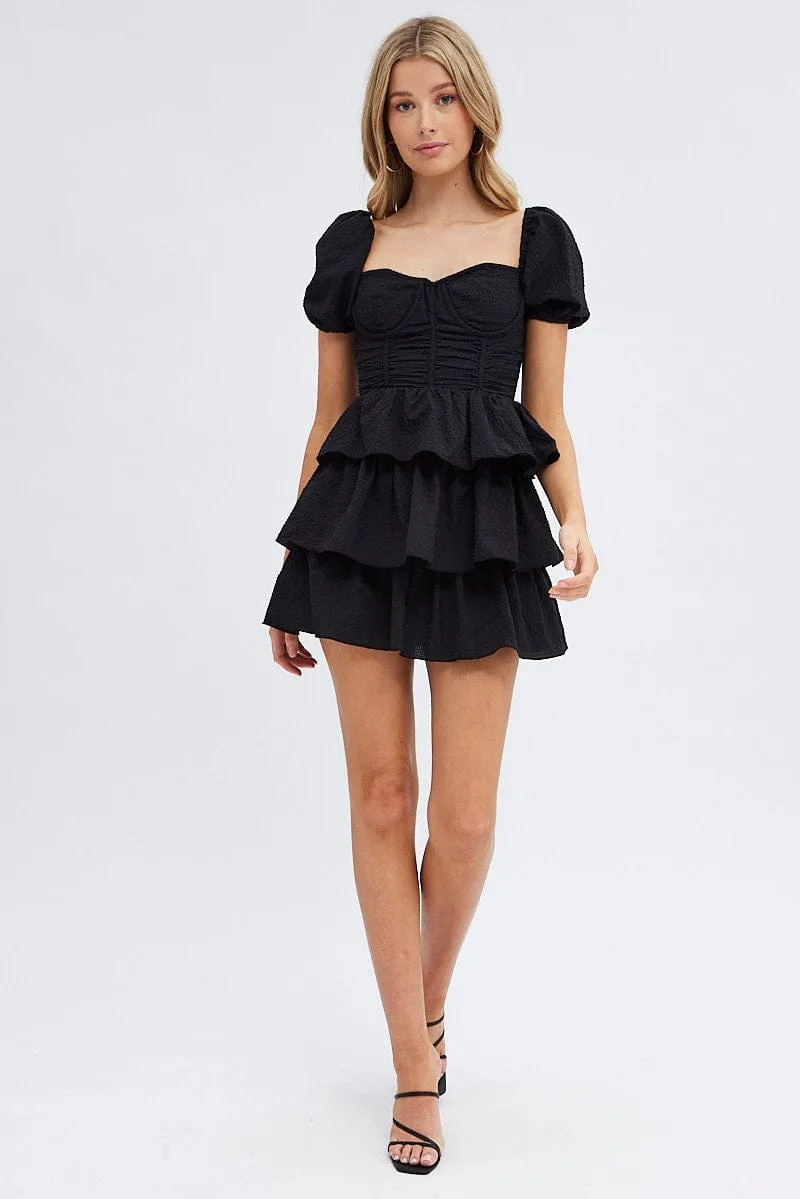 Black Corset Dress Puff Sleeve Tiered Bustier Dress