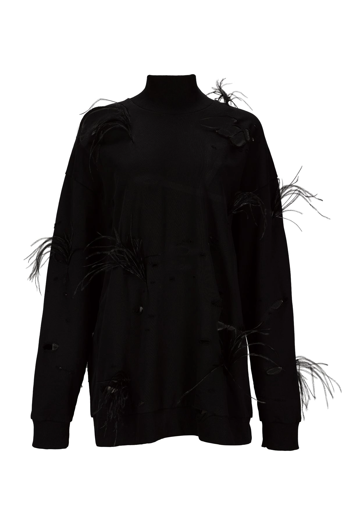 BLACK DISTRESSED TURTLENECK WITH FEATHERS