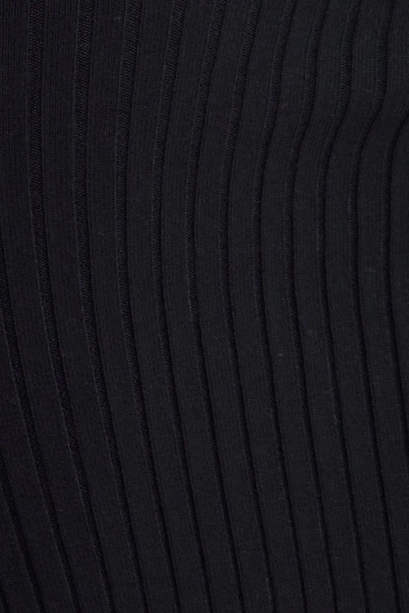 Black Midi Dress Long Sleeve Round Neck Keyhole Rib Knit