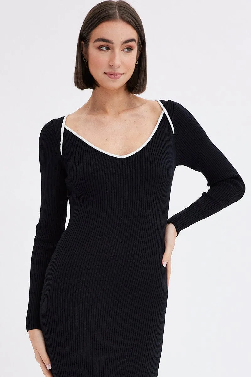 Black Midi Dress Long Sleeve Sweetheart Contrast Bind