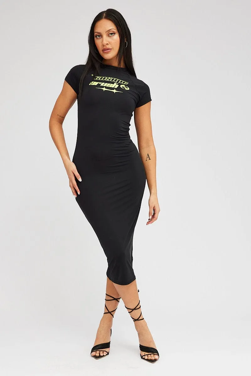 Black Midi Dress Short Sleeve Crew Neck Bodycon Graphic