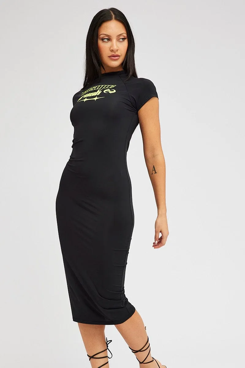 Black Midi Dress Short Sleeve Crew Neck Bodycon Graphic