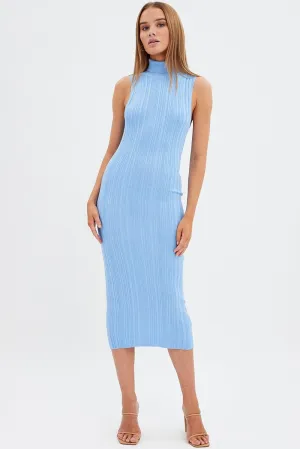 Blue Knit Dress Midi Square Neck