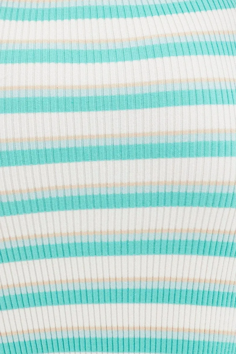 Blue Stripe Knit Dress Midi Square Neck