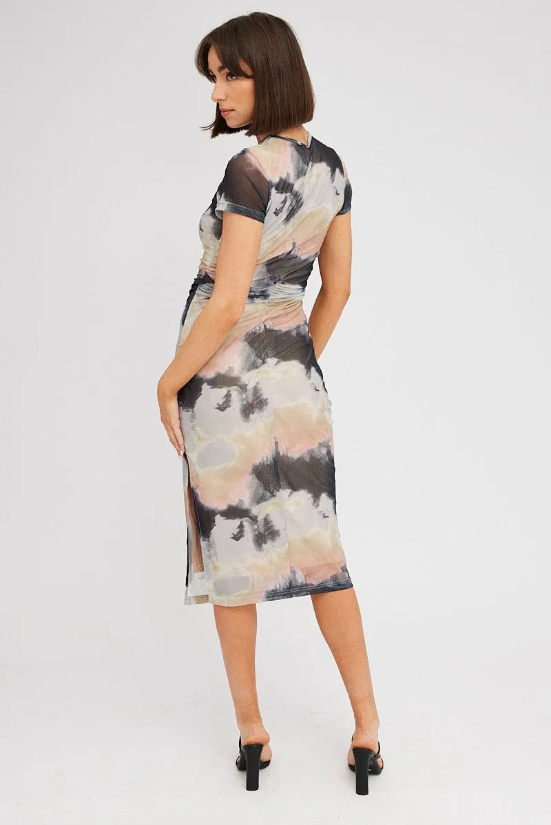 Brown Abstract Midi Dress Short Sleeve Bodycon Mesh