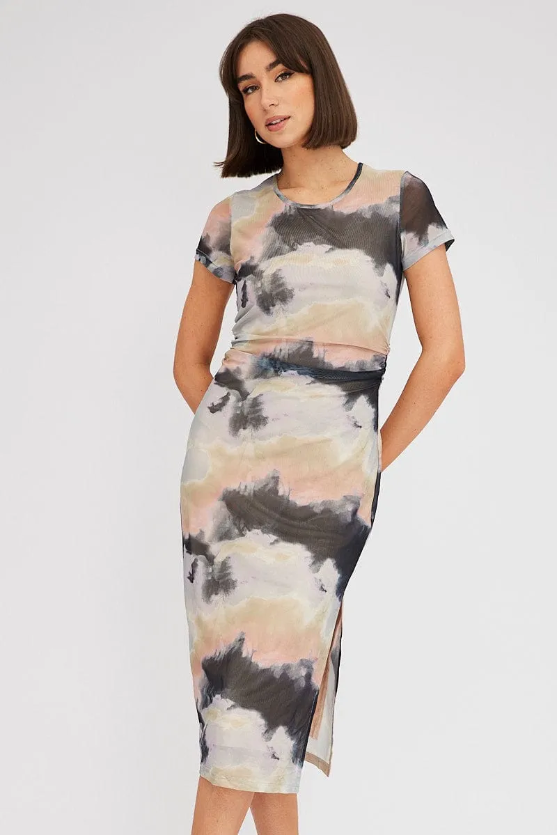 Brown Abstract Midi Dress Short Sleeve Bodycon Mesh