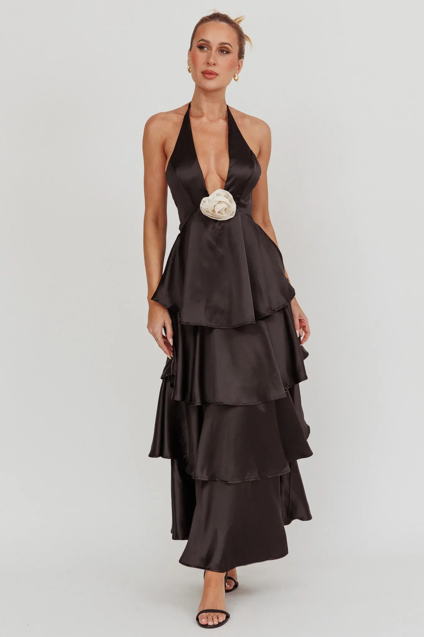 Catalina Tiered Ruffle Rosette Maxi Dress Black