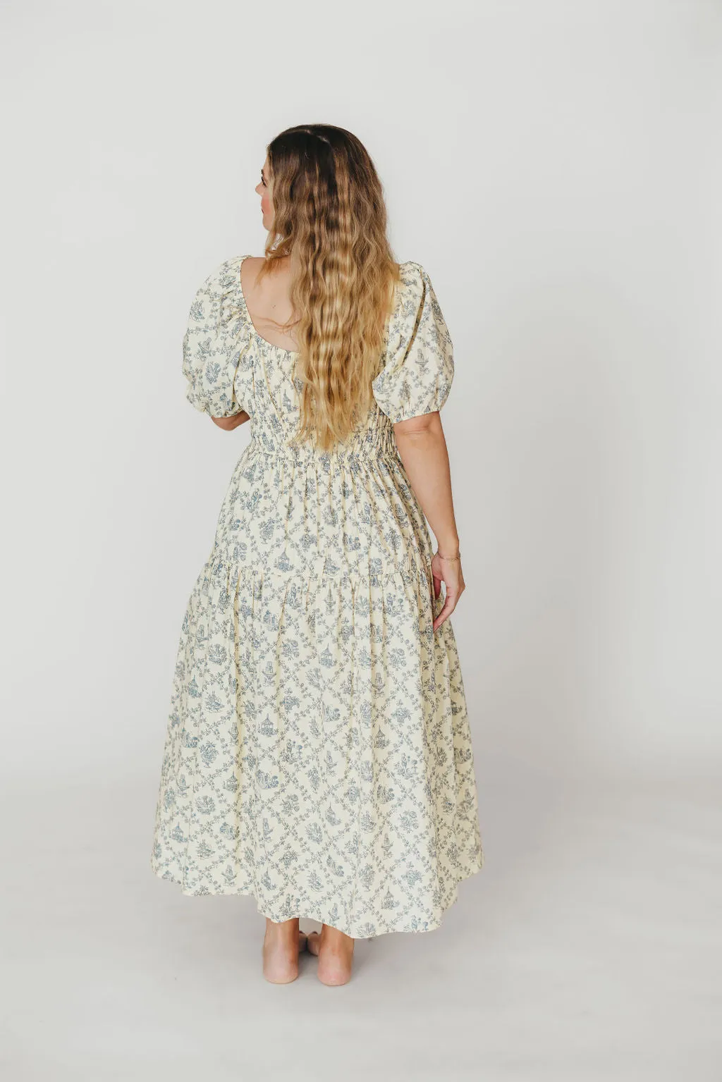 Catherine 100% Cotton Midi Dress in Cream Blue Floral - Bump Friendly & Inclusive Sizing (XS-3XL)