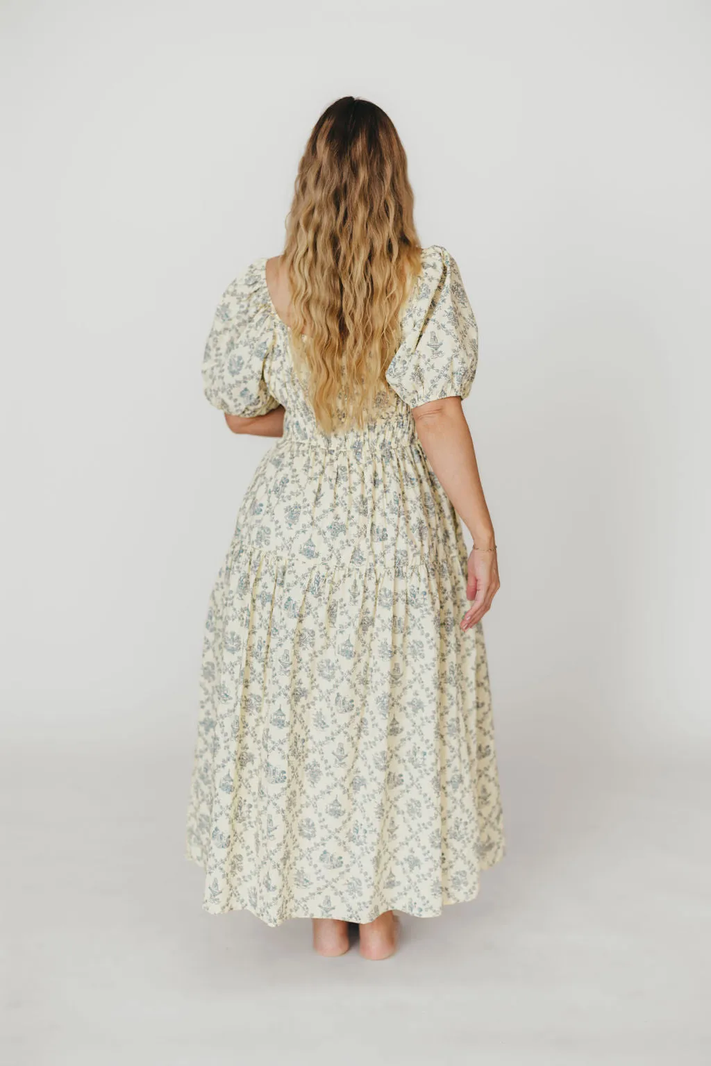 Catherine 100% Cotton Midi Dress in Cream Blue Floral - Bump Friendly & Inclusive Sizing (XS-3XL)