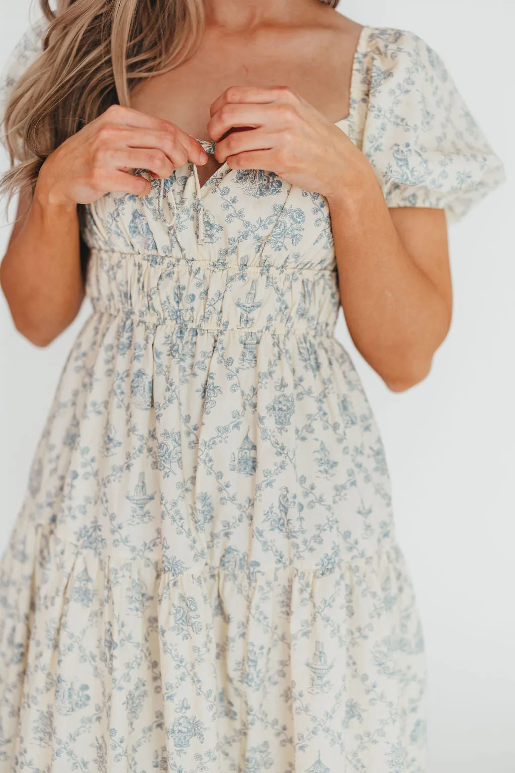 Catherine 100% Cotton Midi Dress in Cream Blue Floral - Bump Friendly & Inclusive Sizing (XS-3XL)