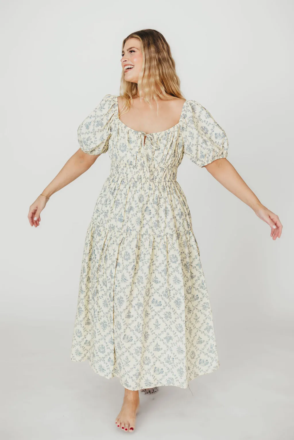 Catherine 100% Cotton Midi Dress in Cream Blue Floral - Bump Friendly & Inclusive Sizing (XS-3XL)
