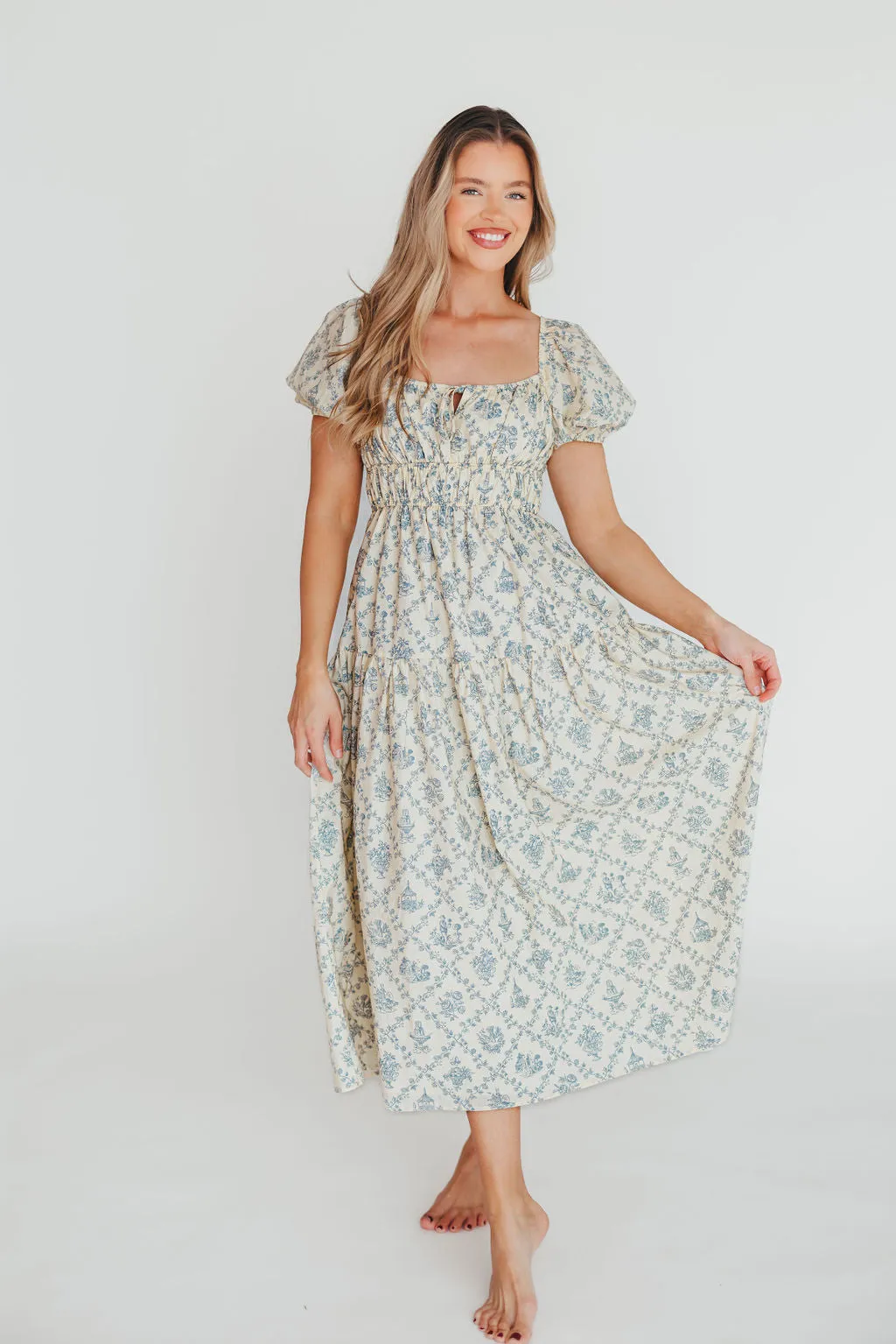 Catherine 100% Cotton Midi Dress in Cream Blue Floral - Bump Friendly & Inclusive Sizing (XS-3XL)