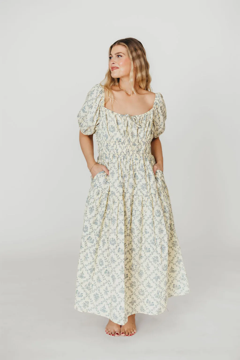 Catherine 100% Cotton Midi Dress in Cream Blue Floral - Bump Friendly & Inclusive Sizing (XS-3XL)