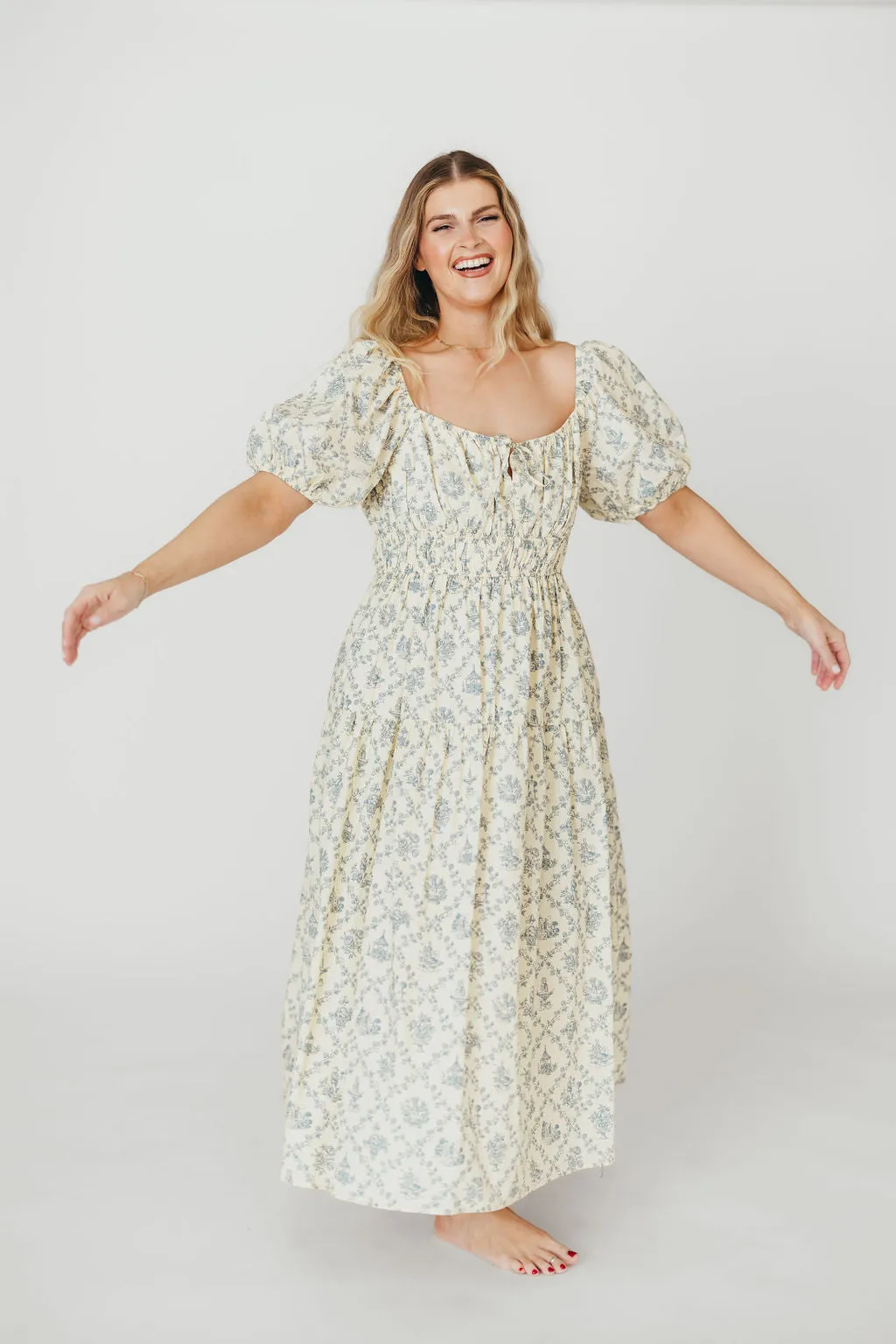 Catherine 100% Cotton Midi Dress in Cream Blue Floral - Bump Friendly & Inclusive Sizing (XS-3XL)