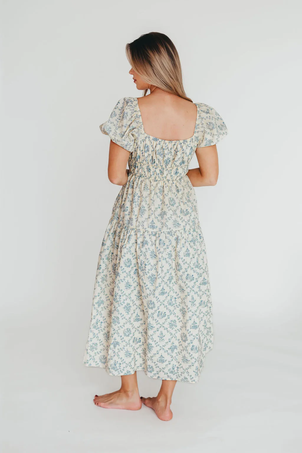 Catherine 100% Cotton Midi Dress in Cream Blue Floral - Bump Friendly & Inclusive Sizing (XS-3XL)
