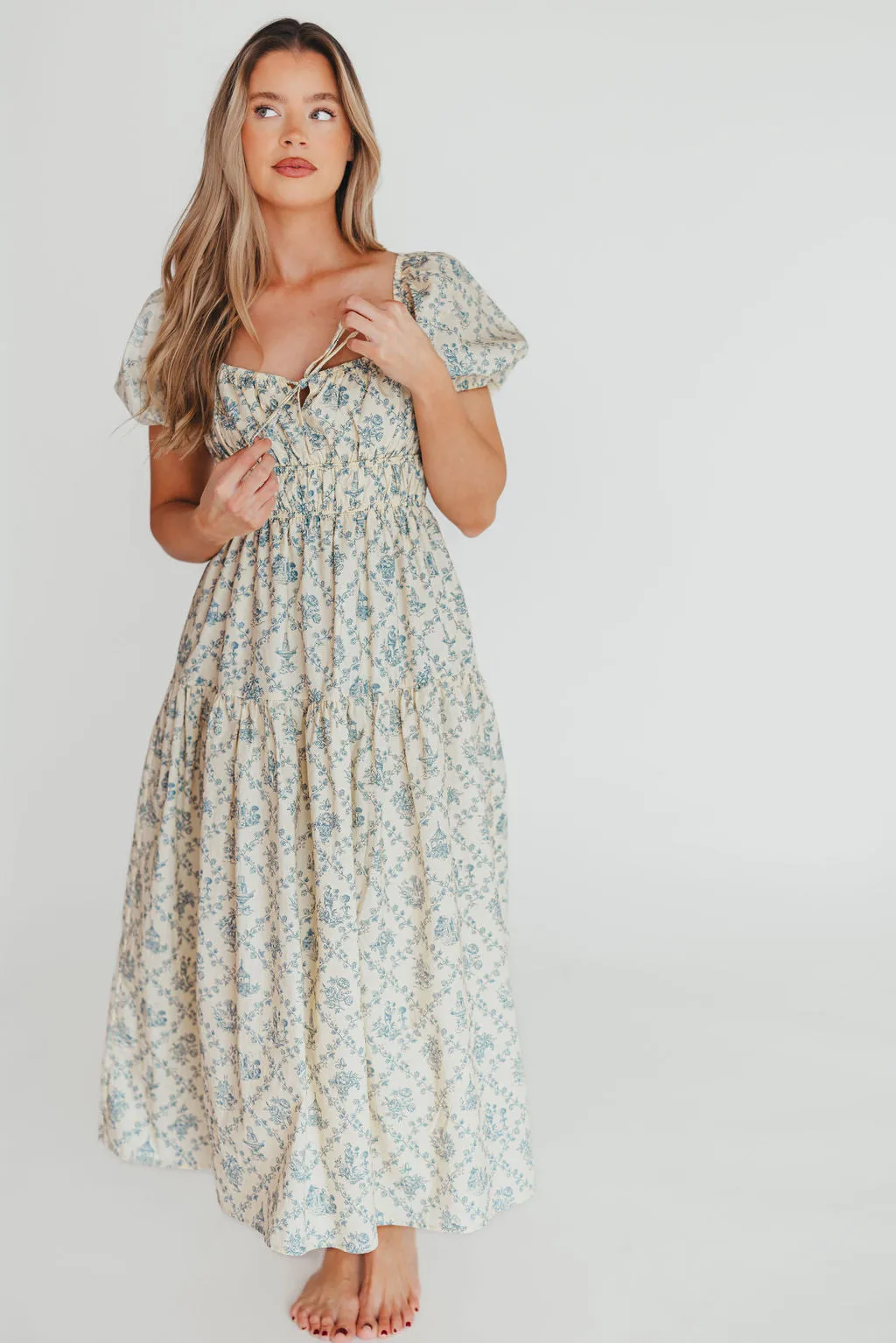 Catherine 100% Cotton Midi Dress in Cream Blue Floral - Bump Friendly & Inclusive Sizing (XS-3XL)