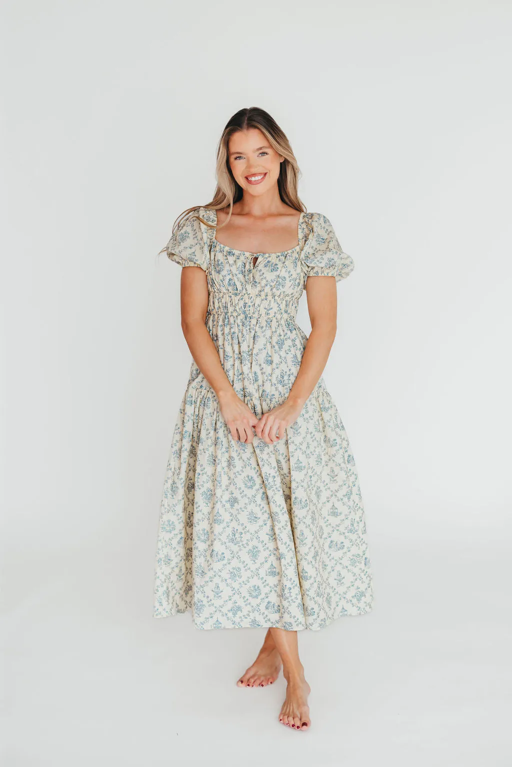 Catherine 100% Cotton Midi Dress in Cream Blue Floral - Bump Friendly & Inclusive Sizing (XS-3XL)