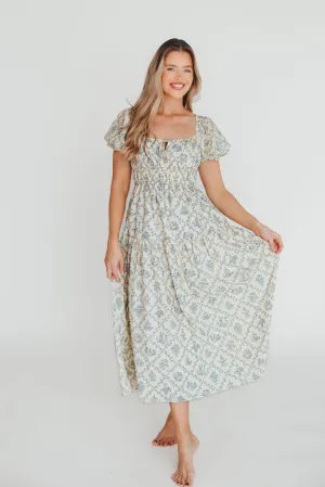Catherine 100% Cotton Midi Dress in Cream Blue Floral - Bump Friendly & Inclusive Sizing (XS-3XL)