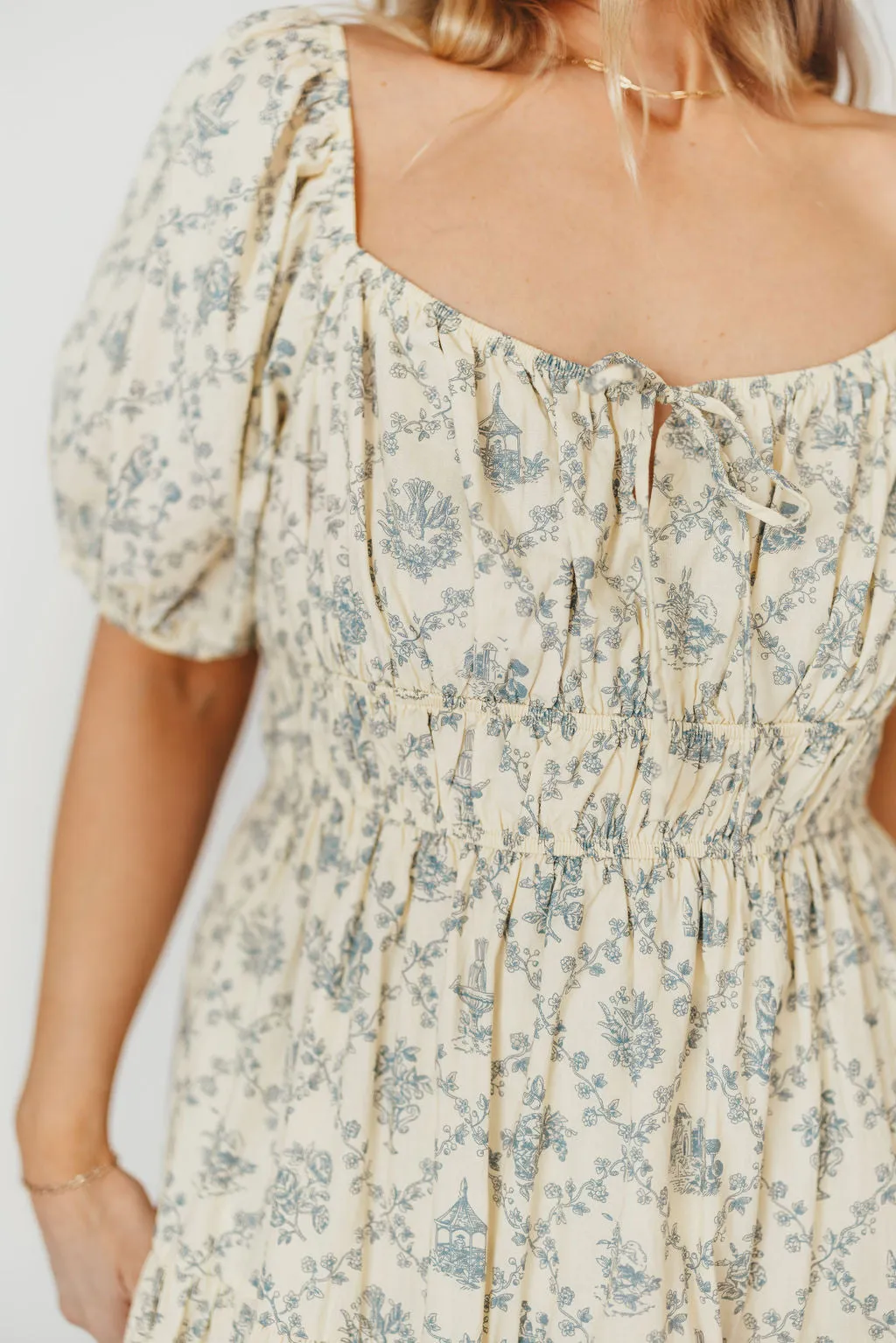 Catherine 100% Cotton Midi Dress in Cream Blue Floral - Bump Friendly & Inclusive Sizing (XS-3XL)