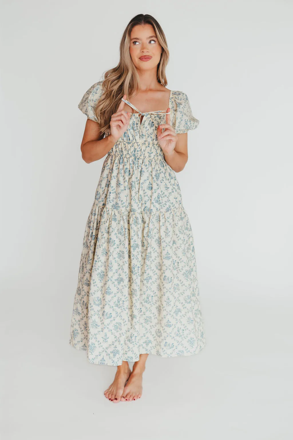 Catherine 100% Cotton Midi Dress in Cream Blue Floral - Bump Friendly & Inclusive Sizing (XS-3XL)