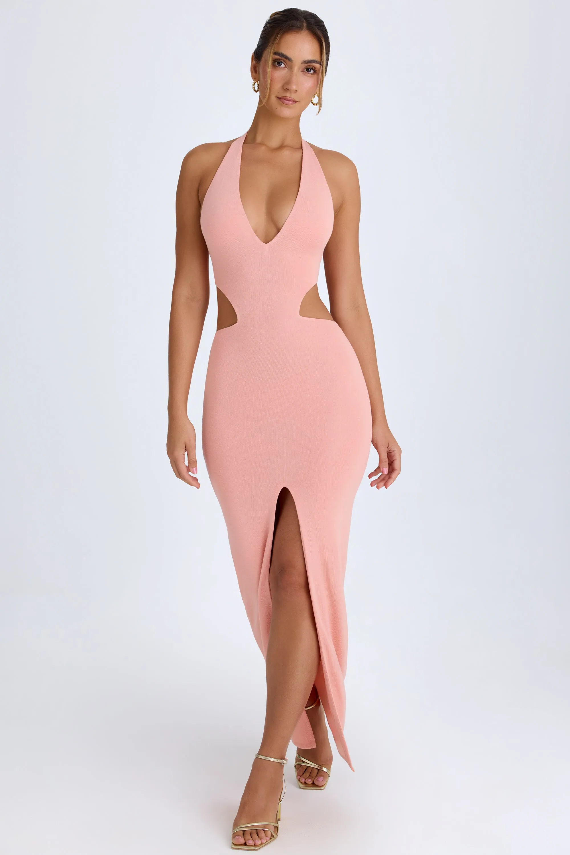 Cut-Out Halterneck Maxi Dress in Apricot Pink