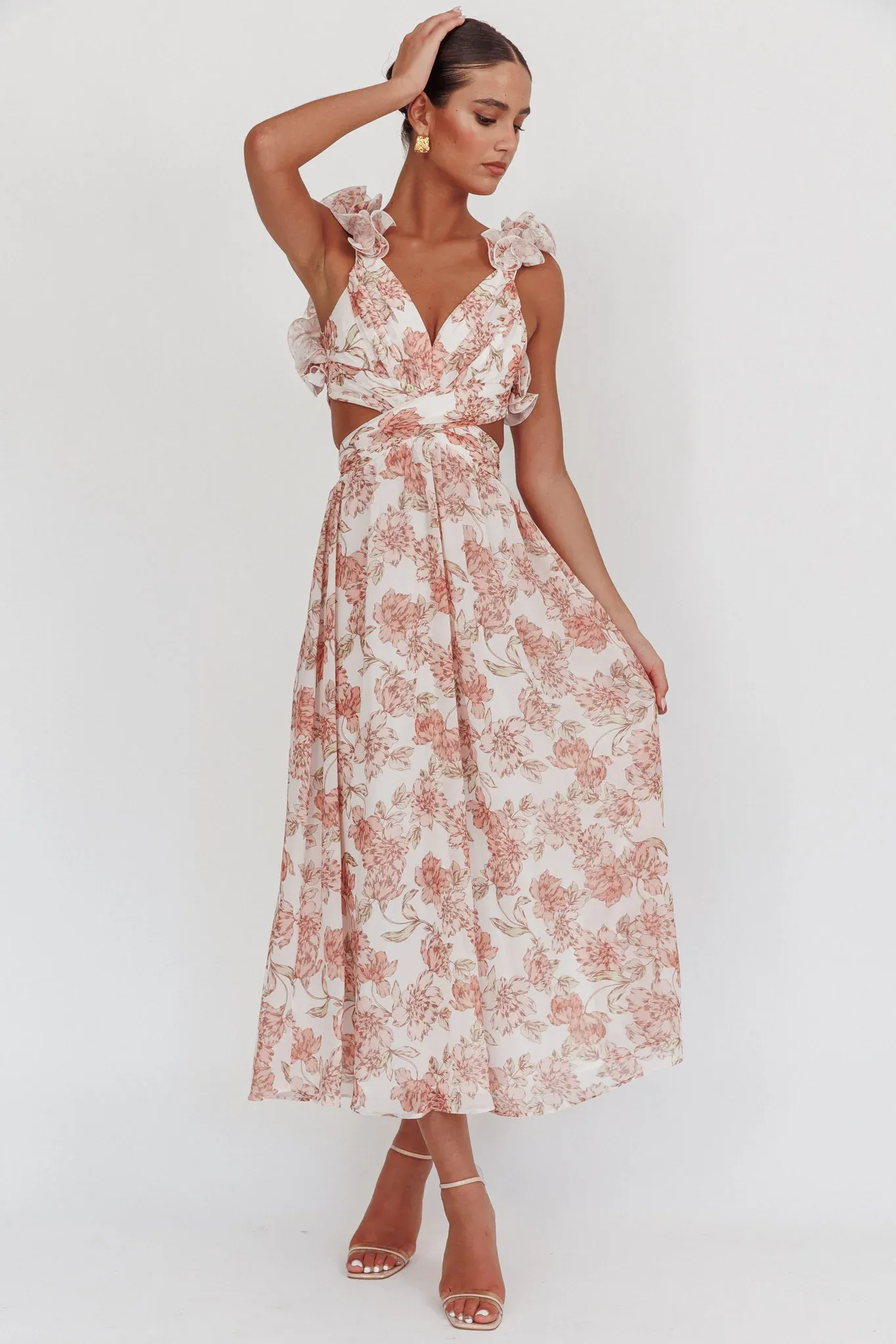 Doe Eyes Lace-Up Back Maxi Dress Floral Peach