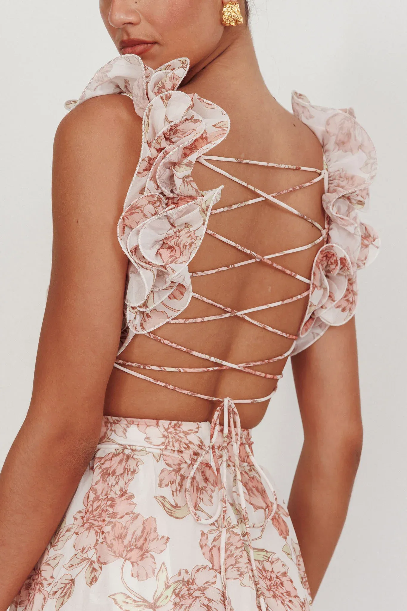 Doe Eyes Lace-Up Back Maxi Dress Floral Peach