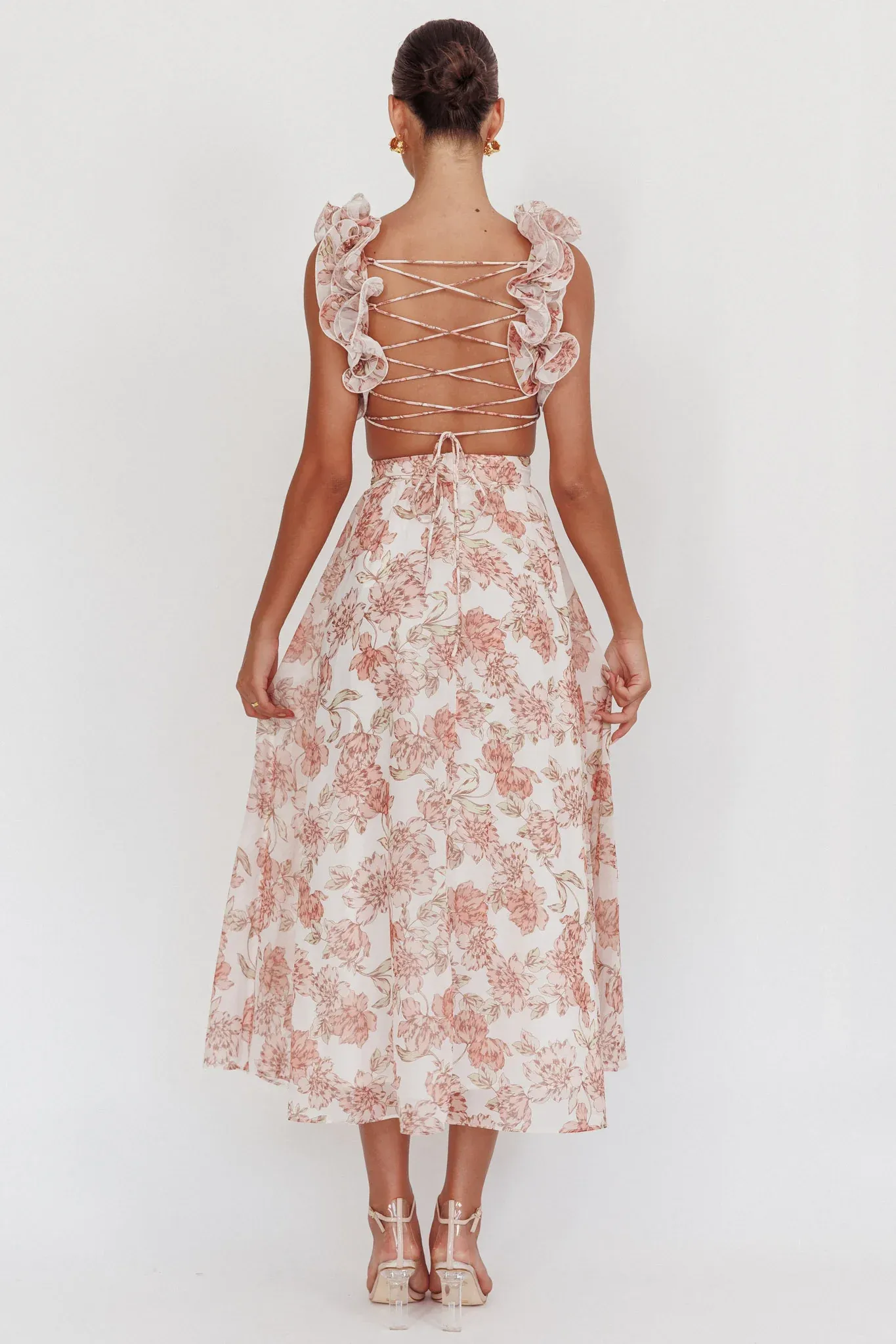 Doe Eyes Lace-Up Back Maxi Dress Floral Peach