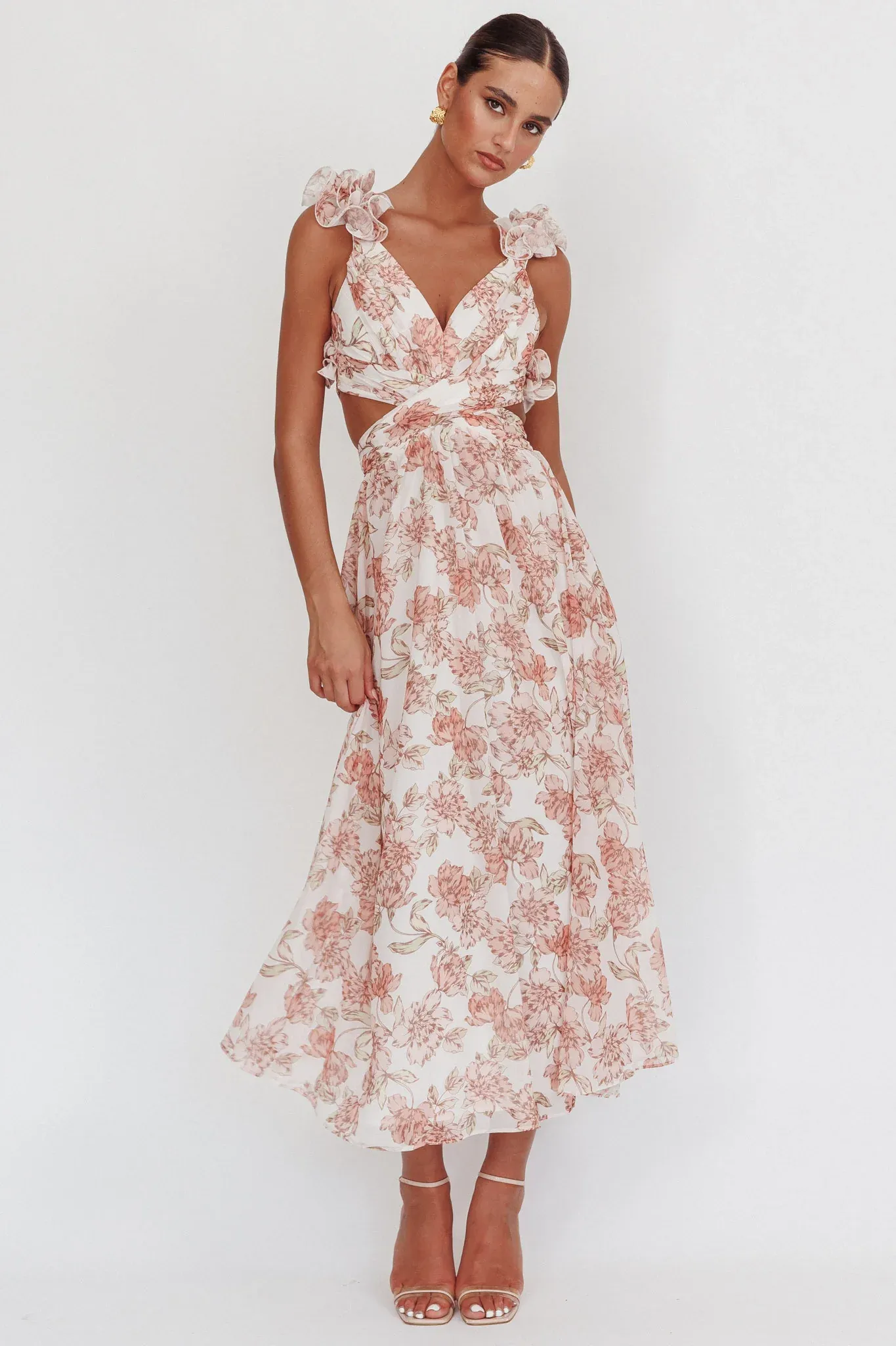 Doe Eyes Lace-Up Back Maxi Dress Floral Peach