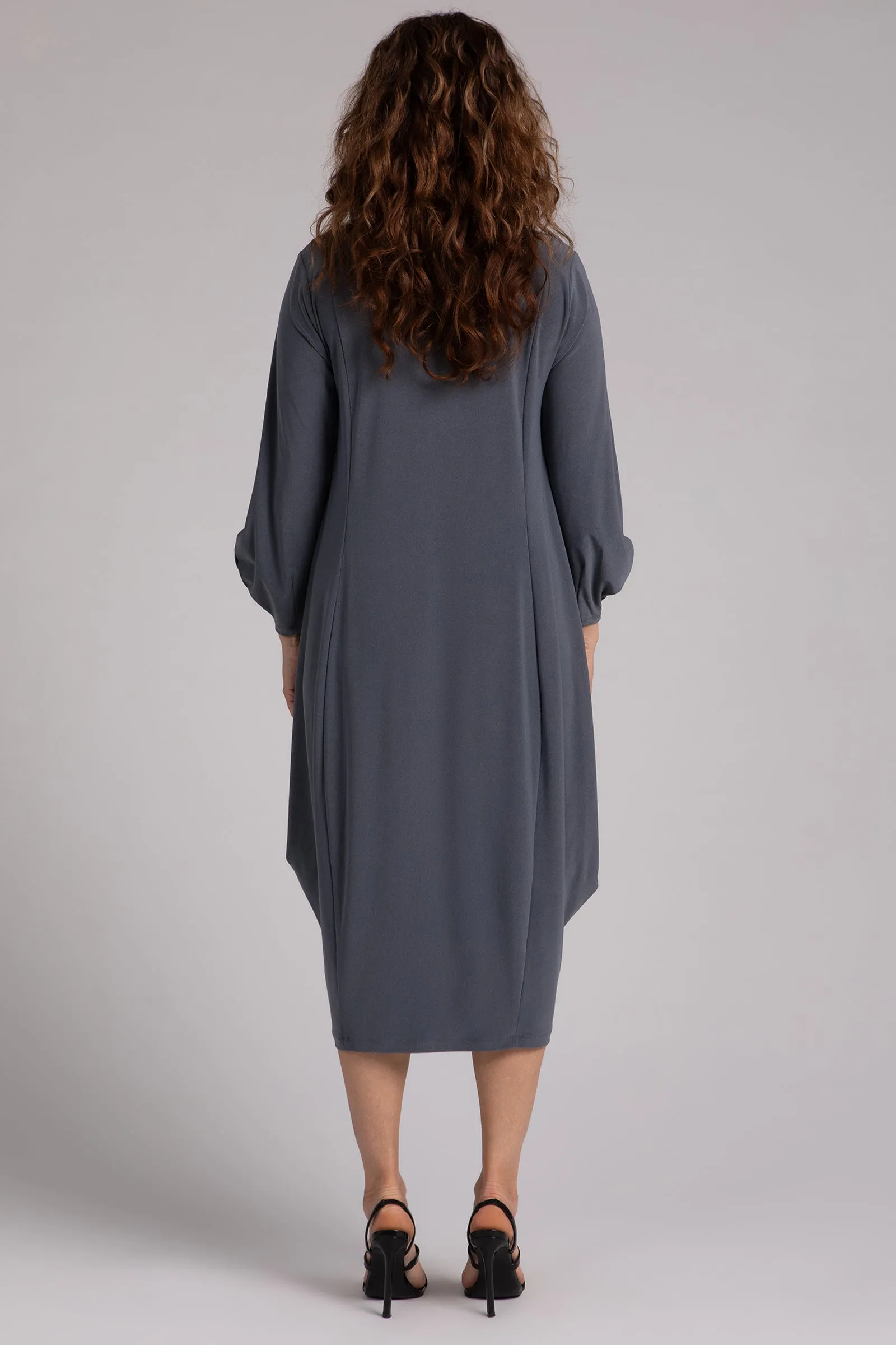 Easy Crew Neck Lantern Dress | Melange Gunmetal