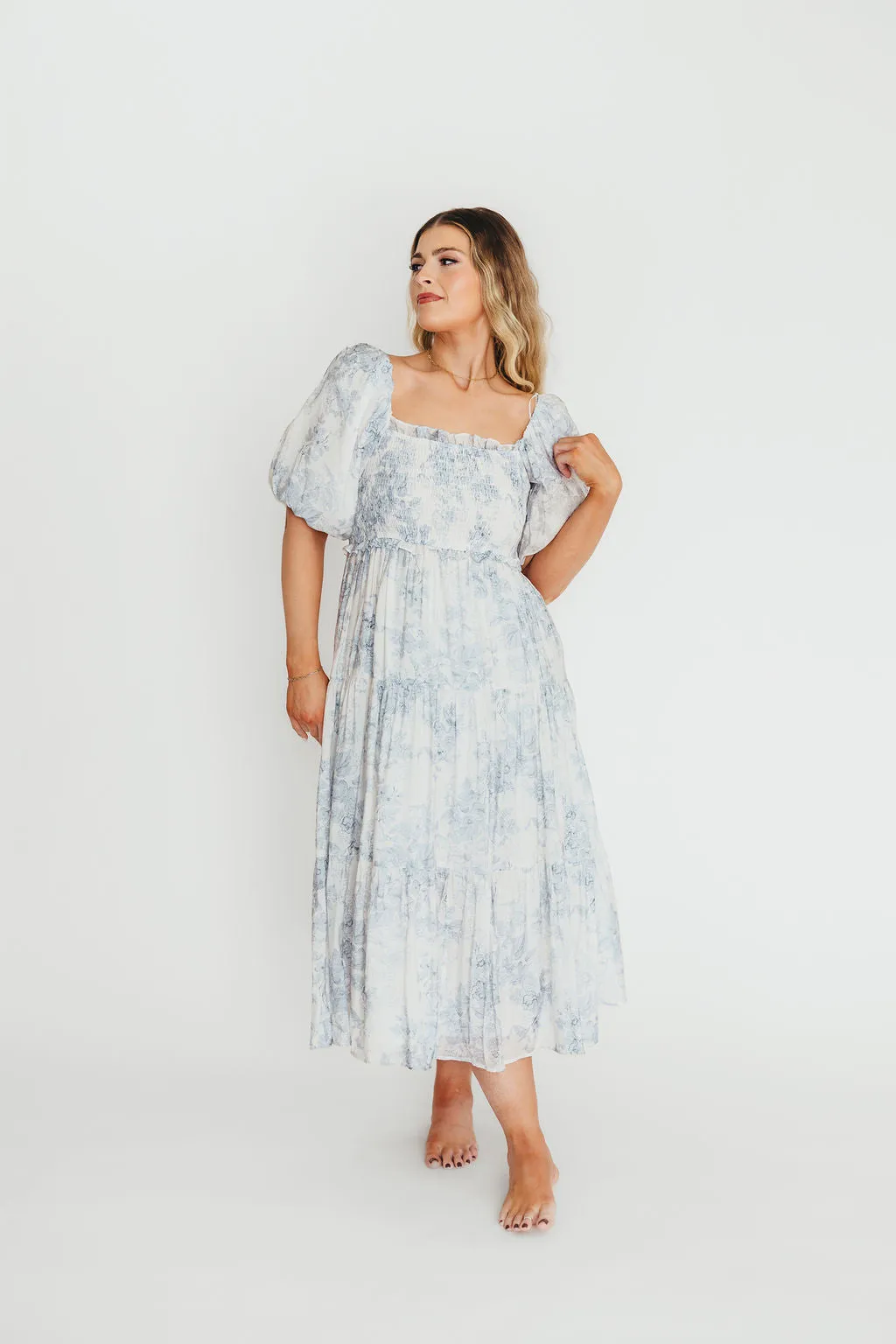 Elena Floral Print Smocked Midi Dress in Blue Floral- Bump Friendly - Sold Out Sizes Restock 4/19