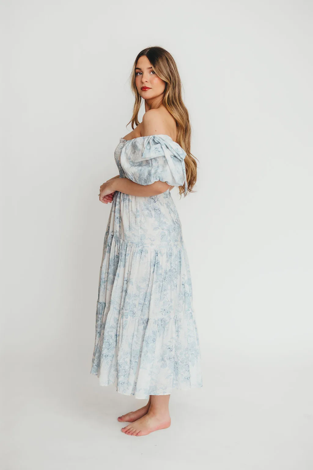 Elena Floral Print Smocked Midi Dress in Blue Floral- Bump Friendly - Sold Out Sizes Restock 4/19