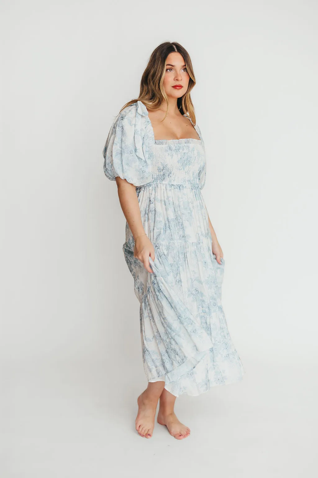 Elena Floral Print Smocked Midi Dress in Blue Floral- Bump Friendly - Sold Out Sizes Restock 4/19