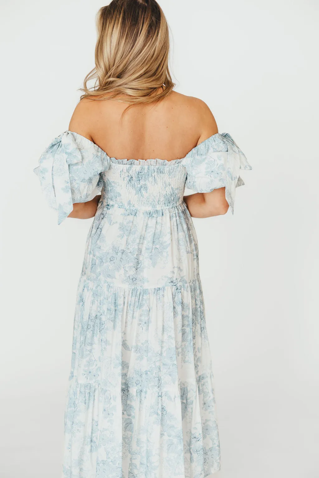 Elena Floral Print Smocked Midi Dress in Blue Floral- Bump Friendly - Sold Out Sizes Restock 4/19