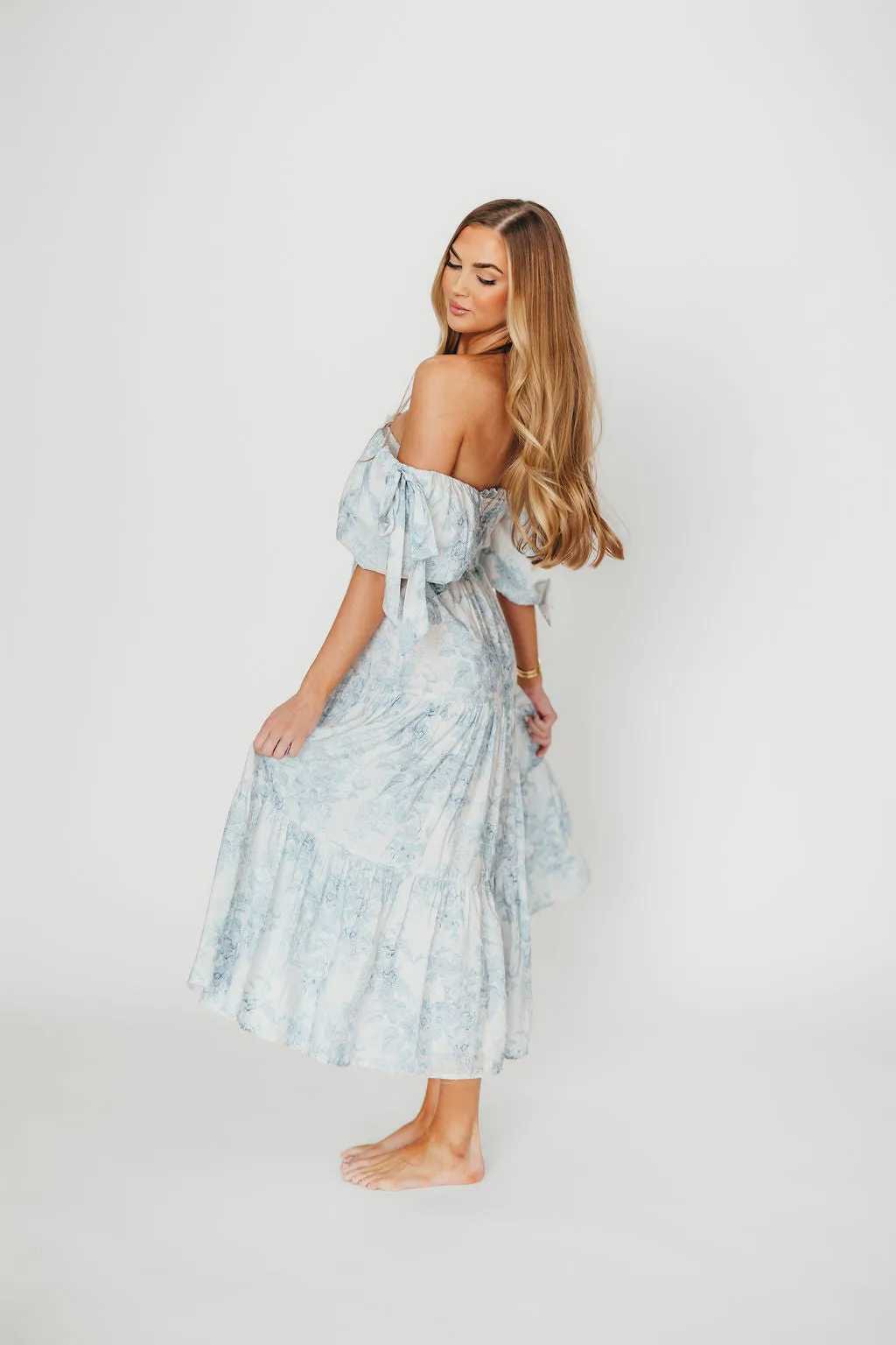 Elena Floral Print Smocked Midi Dress in Blue Floral- Bump Friendly - Sold Out Sizes Restock 4/19