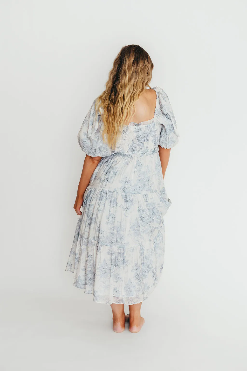 Elena Floral Print Smocked Midi Dress in Blue Floral- Bump Friendly - Sold Out Sizes Restock 4/19