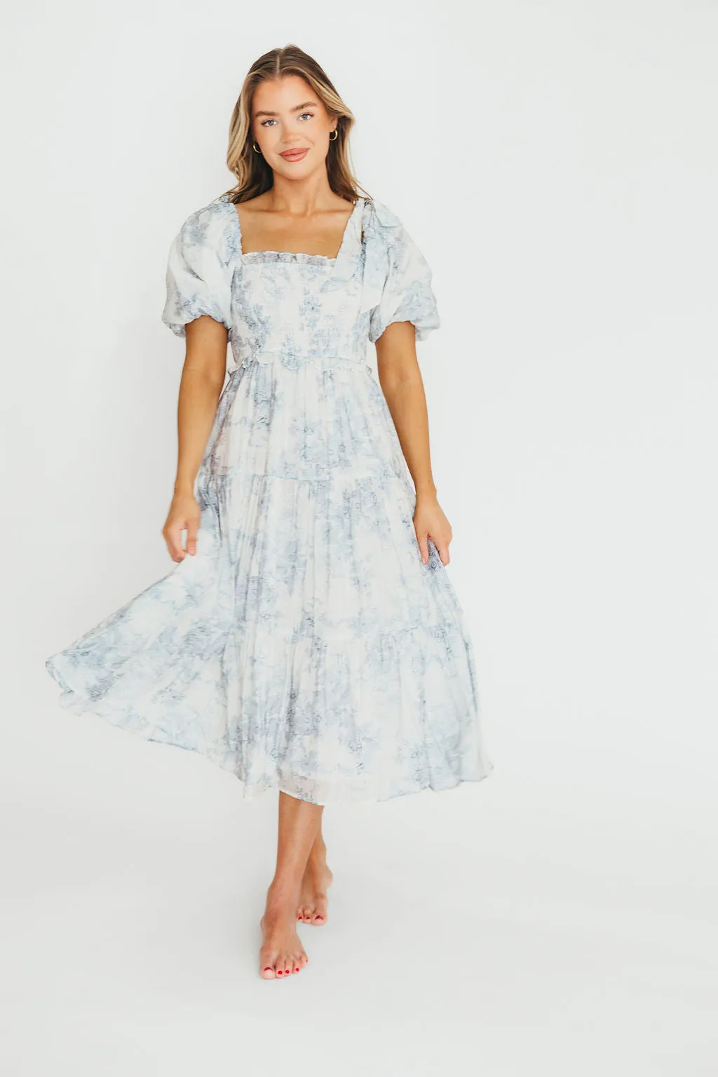 Elena Floral Print Smocked Midi Dress in Blue Floral- Bump Friendly - Sold Out Sizes Restock 4/19