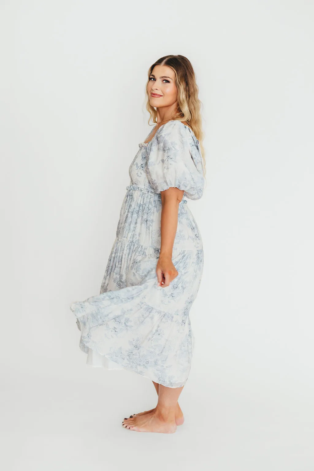 Elena Floral Print Smocked Midi Dress in Blue Floral- Bump Friendly - Sold Out Sizes Restock 4/19